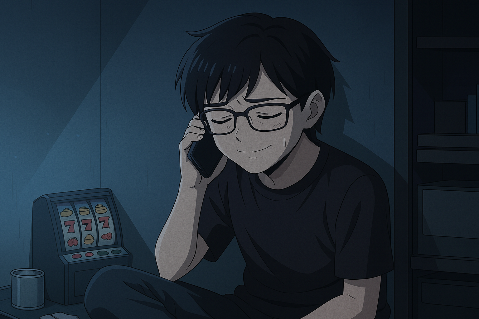 疲れた表情で電話をかける青年。暗い部屋の隅で、過去と向き合いながら静かに再出発を決意する姿。