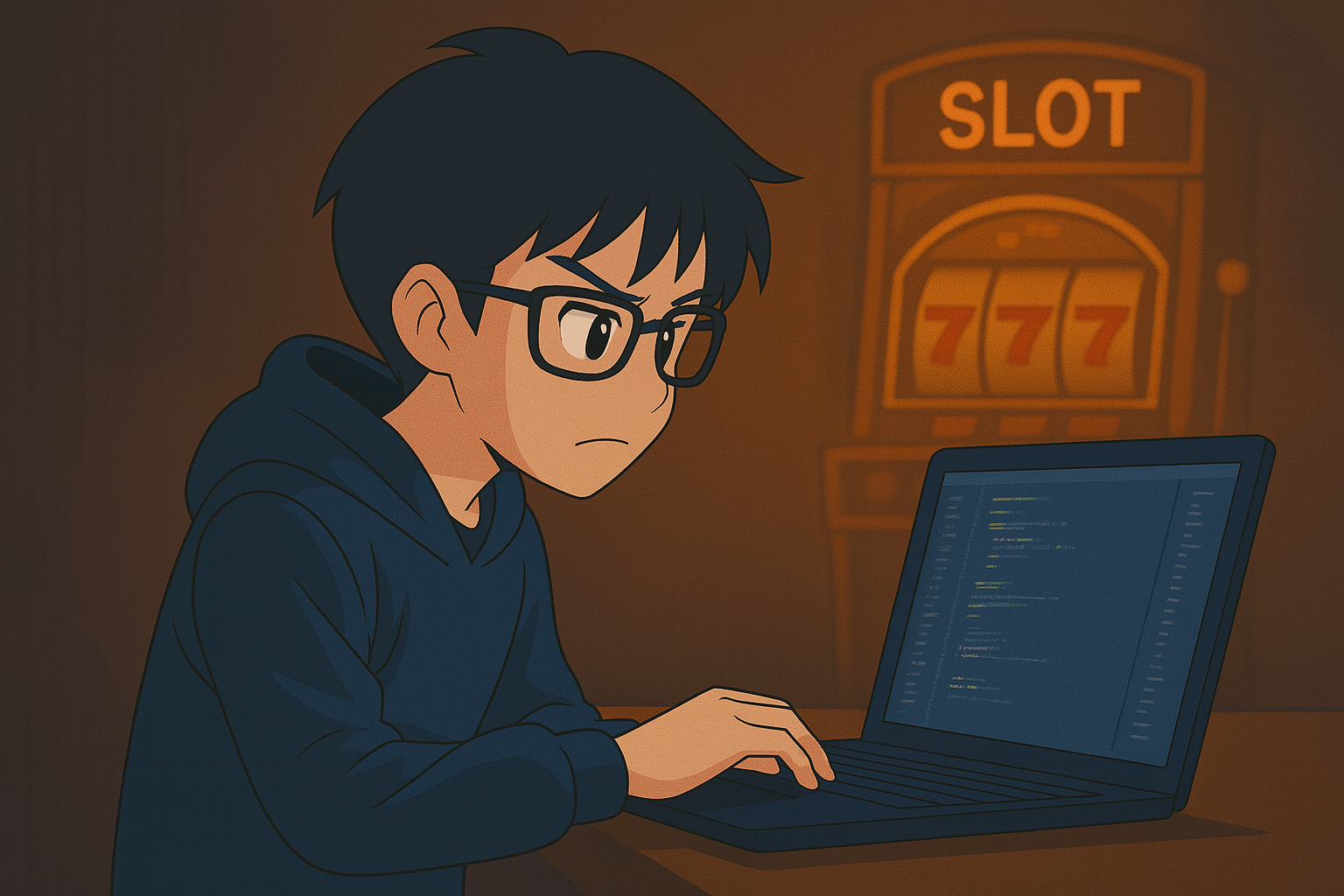ノートPCに向かい、コード作成に没頭する黒髪眼鏡の青年。背景にはスロット台が光り、希望と焦燥が交錯する空気感。