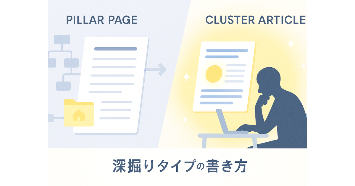 深掘りタイプがクラスター記事から書く戦略を示した図解アイキャッチ。ピラーページとクラスター記事を対比するデジタルワークスペース。